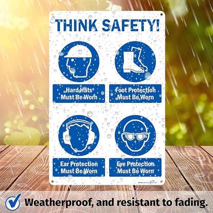 Brimar - 12" x 18" - Think Safety PPE Must Be Worn Sign - .063″ White Rust-Free Aluminum - Comprehensive Message - Easy Installation