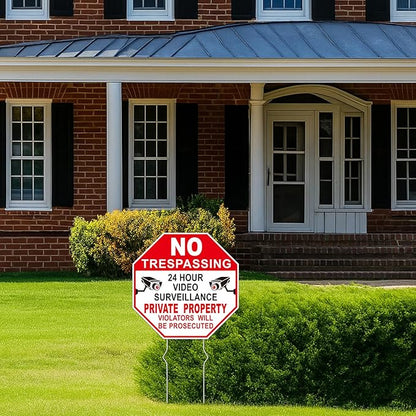 NO Trespassing Signs Private Property Video Surveillance Sign, Large 4-Pack 10"x10" Double-Sided Signs, Corrugated Plastic, Metal Stakes, Outdoor Yard Sign for Home and Front Door Land, and Garden, Lawn