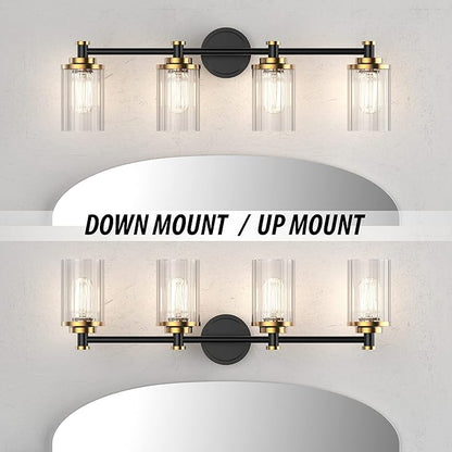 PHIXART Bathroom Lighting Fixtures Black and Gold Bathroom Vanity Light with Cylindrical Clear Stripes Glass Lampshade E26 Socket Base Bathroom Lighting Fixtures Over Mirror (4 Lights)