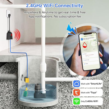 Sump Pump Alarm WiFi, Smart High/Low Water Level Alarm, Free App Notification & 120dB Alarm, Built-in Backup Battery, IPX4 Waterproof, with 10ft Float Switch for Basement Sump, Water Tank, Septic Tank