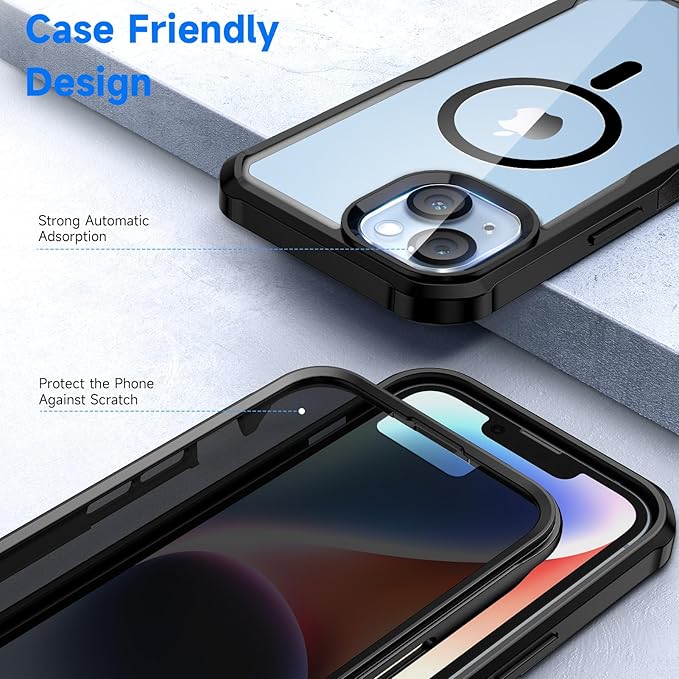 seacosmo for iPhone 14 Case, Full Body Bumper with Built-in 9H Tempered Glass Privacy Screen Protector and Camera Lens Protector, Compatible with MagSafe, Shockproof Phone Cover, 6.1", Black