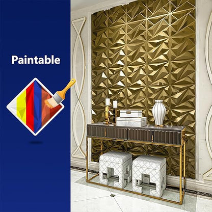 Art3dwallpanels 33 Pack 3D Wall Panel Diamond for Interior Wall Décor, PVC Textured Wall Panels, 12''x12'' Cover 32.Sq.Ft. Golden