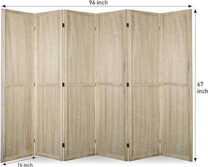 ECOMEX 6 Panel Room Divider, 5.6Ft Pegboard Display Wooden Folding Privacy Screen Freestanding Peg Board for Trade Show Craft Show Home Wall Organizer, Natural Wood