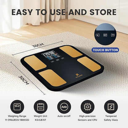 EILISON Smart Bathroom Scale with 4 Electrodes & BIA Technology High-Precision Body Fat Analyzer,Large Color Night Vision Touchscreen,Bluetooth App Sync for 19 Metrics,400LBS Capacity (Smart Black)
