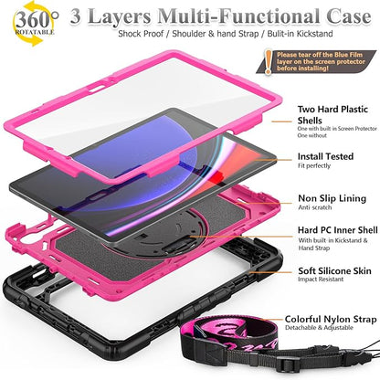 SEYMAC stock Case for Samsung Galaxy Tab S10 FE / S9 / S9 FE 5G Tablet Case Protective with Screen Protector, Pencil Holder, 360 Rotate Stand, Hand Strap, Shoulder Strap, Pink1