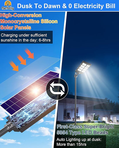 Gefolly SL-3800W Solar Street Light Outdoor 380000LM Wide Angle Commercial Parking Lot Lights Dusk to Dawn 6500K Flood Security Light IP67 Lamp for Basketball Court, Yard, Road