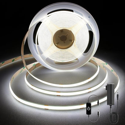 Pandery COB LED Strip 5m,16.4ft LED Strip Lights,Touch Dimmable LED Strips,CRI90+,6000K Daylight White LED Tape Lights,1600LEDs,24V cob led,Indoor for Bedroom,Kitchen,TV,Mirror,Cabinet