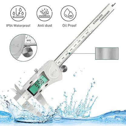 Electronic Digital Vernier Caliper Measuring Tool, IP54 Waterproof Electronic Micrometer Caliper, 150mm/0-6 inch Stainless Steel Vernier Caliper with Large LCD Screen, Inch Metric Conversion
