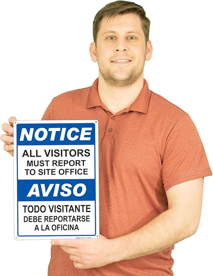 Brimar - 10" x 14" - Bilingual All Visitors Report Site Office Sign - .055″ Polyethylene Plastic - Bold Text And Symbol - Easy Installation