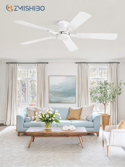 ZMISHIBO 52 Inch Ceiling Fan No Light, Flush Mount Low Profile, Modern White Ceiling Fan Without Light, Remote Control & Quiet DC Motor, for Indoor&Outdoor, Bedroom, Living Room