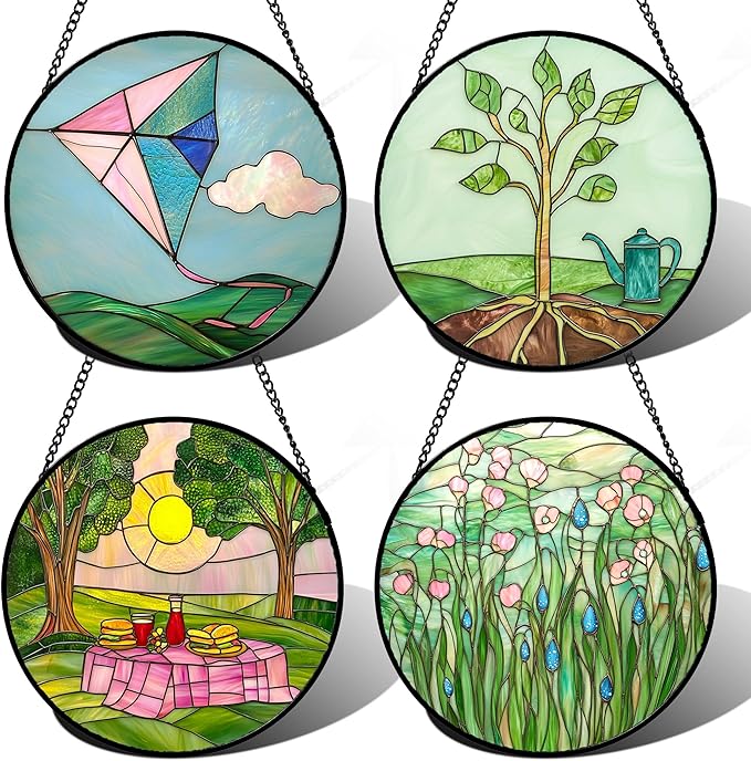 AMDERVEN Stained Glass Window Hanging 4 Pcs Set Pink Green Spring Saplings Flowers 7.8" - Suncatcher Door Garden Sun Catcher Home Decor Mother's Day for Woman Nana Mom Men