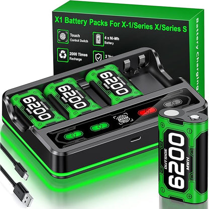 Upgraded Fast Charging Rechargeable Battery Pack for Xbox -4x6200mWh Batteries with Light Control &Charger Dock -Compatible with Xbox Series X|S,One S/X,Elite Controllers, Cases and Storage Sets,Black