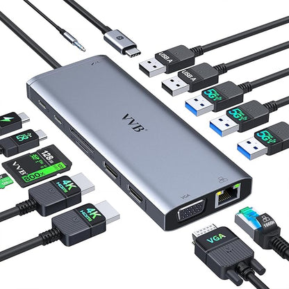 USB C Docking Station Dual Monitor HDMI for Dell HP Lenovo Laptop,14 in 1 Docking Station to 2 HDMI Port 4K+VGA USB Type C Hub Multiport Adapter Dongle Dock,USB C to Ethernet+5 USB+SD/TF+100W PD+Audio