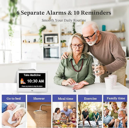 7'' Dementia Clock For Seniors, Large Display Digital Clock With Date, Time, Day Of Week for Elderly, Alzheimer, 1024*600P HD, 10 Reminders & 8 Alarms, Auto Dimming & DST, Remote Control, White