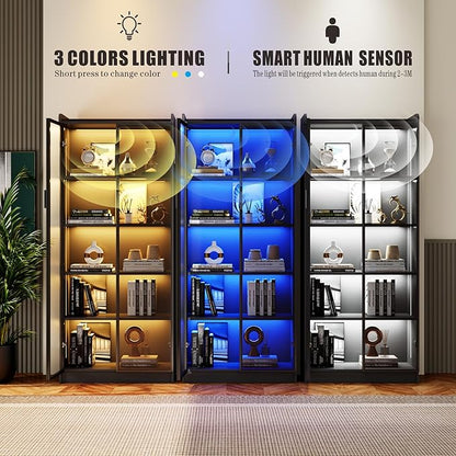 Dystler Display Cabinet with Adjustable Shelves, 65" Tall Bookcase with LED Lights/Human Sensor, 5 Tier Display Case for Collectibles Bedroom Living Room Office, Black - Transparent Acrylic Doors