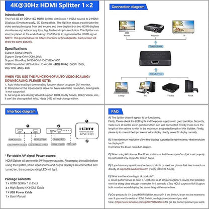 HDMI Splitter 1 in 2 Out【with 3HDMI Cables + 1USB Strip Power Cable 】 1×2 Power HDMI Splitter/Distributor 2 Ports for Dual Monitors Copy/Mirror Support 4K@30Hz 1080P Full HD 3D LED PS3/4 etc