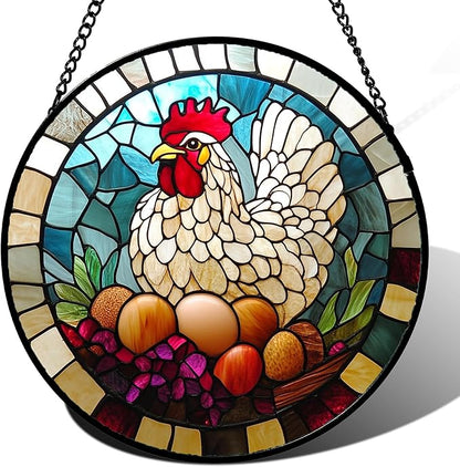 DASTOLL Stained Glass Window Hanging White Chicken Hatching Eggs Large 15" - Suncatcher Door Garden Sunroom Sun Catcher Home Decor Birthday Christmas for Mom Men Woman Nana