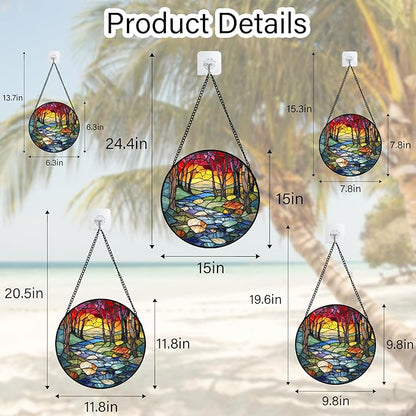 AMDERVEN Stained Glass Window Hanging, Red Tree Abstract Sunset Lake Sun Catcher for Window Home Decor Landscape Suncatcher Mother's Day Birthday Gifts for Women Men Mom and Nana 9.8 in