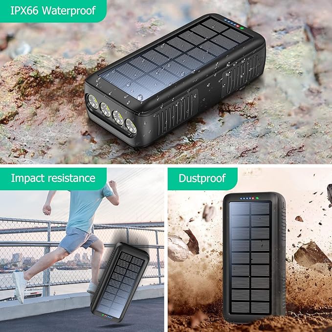 Solar Charger Power Bank 63200mAh, Portable Charger with Dual Outputs & Dual Inputs 4 LEDs Flashlight, Hand Crank Power Bank Fast Charging Battery Pack for Outdoor Camping Survival Gear (gray)