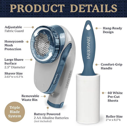 Farberware Large Lint Remover & Fabric Shaver Set – Battery Powered Sweater Shaver with Triple Blades and Extra Sticky Roller for Pet Hair, Fuzz & Pilling on Clothes & Furniture