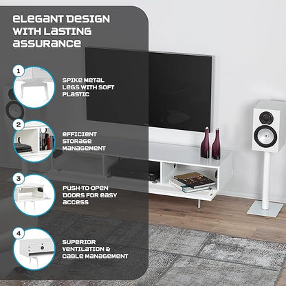 SONOROUS ST-360 Premium TV Stand for Living Room – Modern TV Stands & Entertainment Center with Storage – White Wood & White Glass Cover – Luxury Media Console with Metal Legs for TVs up to 75 inches