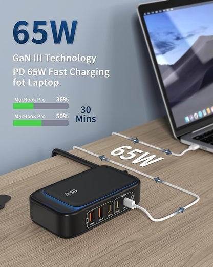 KWRNVO 7-in-1 Power Strip, 85W PD USB C Power Strip with 3 USB-C, 2 USB-A Ports and 2500W AC Outlet, Flat Plug Essentials for Home/Office/College/Travel (Black)