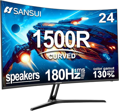 SANSUI 24 Inch Curved Gaming Monitor up to 180Hz MPRT 1ms with Built-in Speakers,FHD 1080P Computer Monitor Freesync 130% sRGB HDR,HDMI DP Ports VESA Mount Metal Stand(ES-G24C1 HDMI Cable Included)