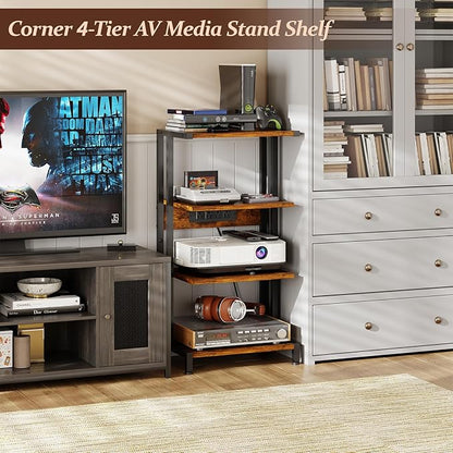 X-cosrack 16.5" Small 4-Tier AV Media Stand with Power Strips,Narrow Version Wooden Corner Shelf Stereo Cabinet Audio Rack Stand Tower for Small DVD Players Game Console TV Box Cable Box WiFi Router