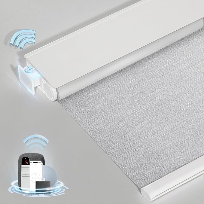 MANSNIX Smart Motorized Blinds with Remote, Cordless No-Drill Automatic Roller Shades, Blackout Electric Blind for Windows, Grey, 34.5 x 72