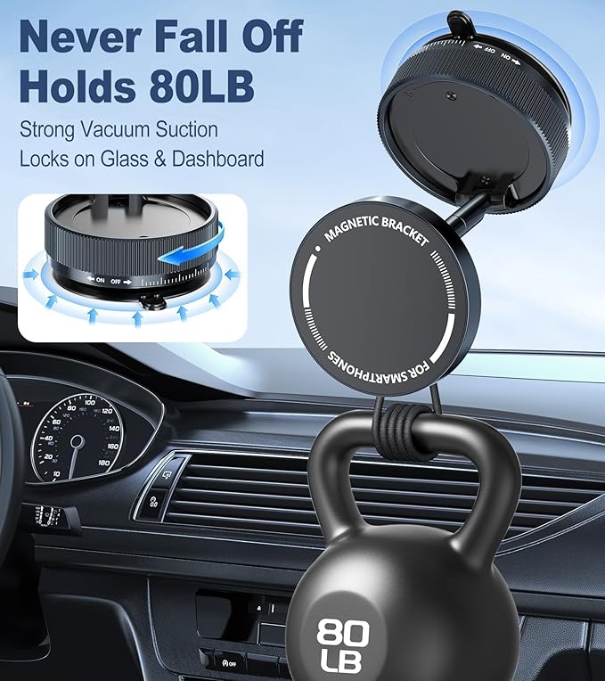 Vacuum Magnetic Phone Holder, Suction Cup Phone Mount for Car [80 LBS Strongest Suction & 2400gf Strongest Magnetic] 3s Fast Install, 360 Rotatable Phone Stand for iPhone Android Mirror & Gym