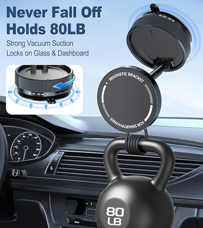 Vacuum Magnetic Phone Holder, Suction Cup Phone Mount for Car [80 LBS Strongest Suction & 2400gf Strongest Magnetic] 3s Fast Install, 360 Rotatable Phone Stand for iPhone Android Mirror & Gym