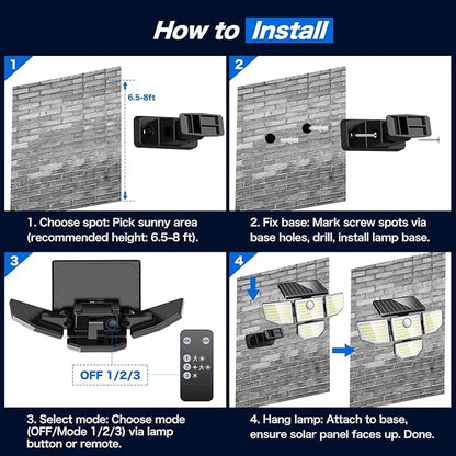 Adewalk 3000LM Outdoor Solar Light - Upgrade 4 Heads 188 LED Solar Motion Sensor Outdoor Lights, IP65 Waterproof Powered Light for Home Darkroom Backyard, 4 Pack