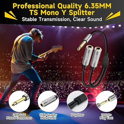 Togconn 2-Pack 1/4 inch TS Mono Splitter Y Adapter, 6.35mm Mono Male to Dual 6.35 mm TS Mono Female Jack, Quarter inch Audio Speaker Splitter Converter Cable 1 Feet, Gold Plated Connectors