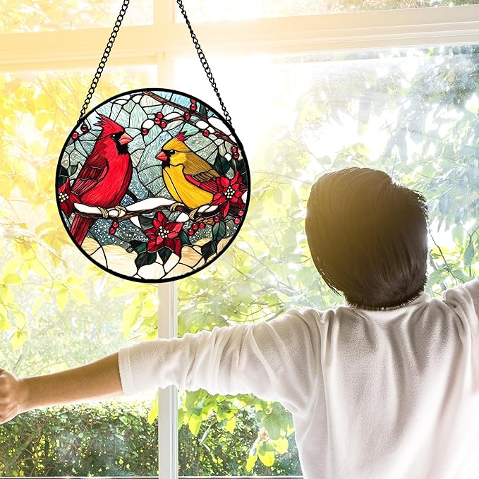 DASTOLL Stained Glass Window Hanging, Love Birds Cardinals Sun Catchers Colorful Glass Panel Birds Suncatcher Decor for Birthday for Women, Men, Wife, Lovers, and Mom 9.8 in