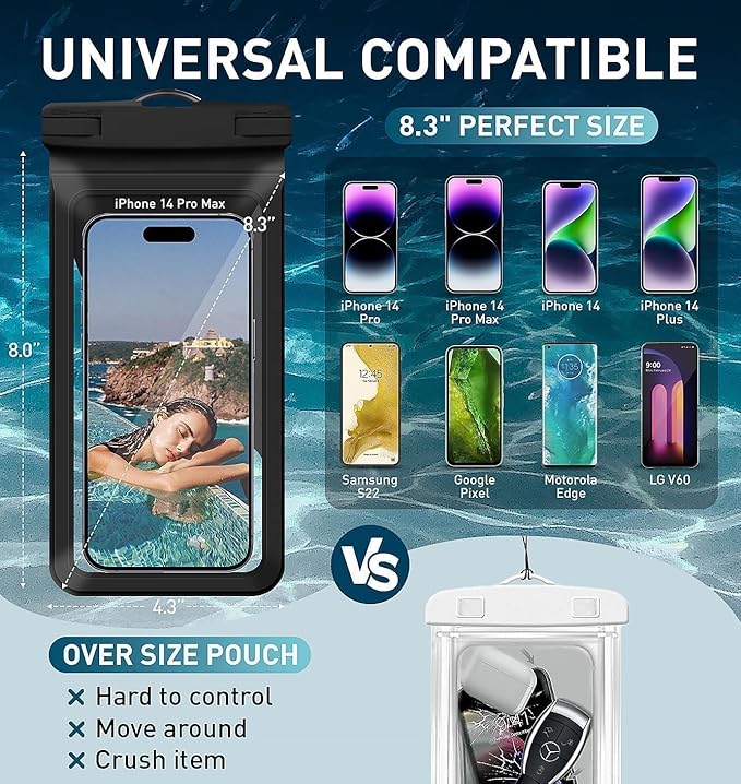 Waterproof Phone Pouch, with Inside Card Bag, Large Waterproof Case for iPhone 16 15 14 13 Pro Max,IPX8 Certified Lightweigt Cellphone Dry Bag, Beach Cruise Ship Essentials, 1 Pack-Black-8.3″