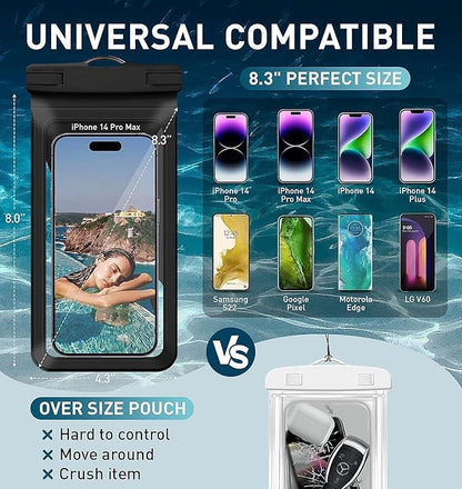 Waterproof Phone Pouch, with Inside Card Bag, Large Waterproof Case for iPhone 16 15 14 13 Pro Max,IPX8 Certified Lightweigt Cellphone Dry Bag, Beach Cruise Ship Essentials, 1 Pack-Black-8.3″