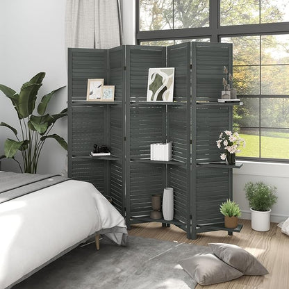 HOMCOM Room Divider, 5 Panel 67" Tall Wood Privacy Screen with 3 Display Shelves, and Folding Storage for Bedroom or Home Office, Gray