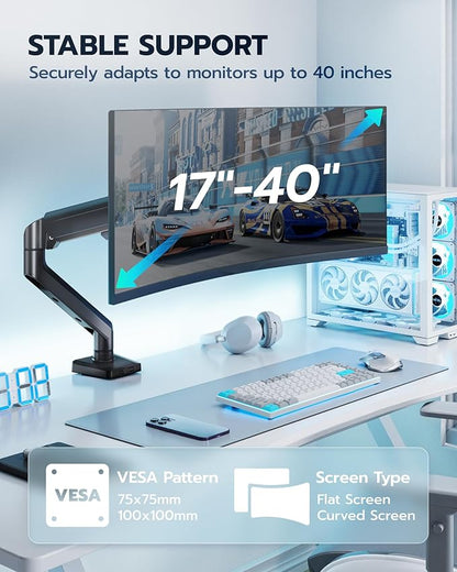 ARES WING Heavy Duty Single Monitor Arm - Fully Adjustable Monitor Mount for 40 34 32 27 Inch Ultrawide Screens Up to 26.4 lbs with Clamp/Grommet Desk Mount, 75/100 Vesa Mount, Black