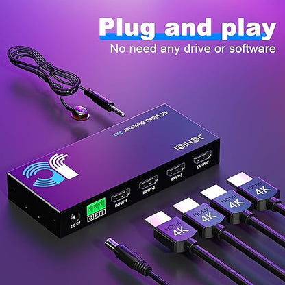 HDMI Switch 3 in 1 Out 4K@60Hz, 3Ports HDMI Switcher Splitter Selector with Remote, Support HDCP 2.2 HDR 10+ Dolby Vision/Atmos 18Gbps CEC for Apple TV Game PC PS4 5 Pro Xbox Roku