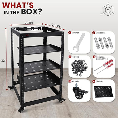 Pyle 20U Open Frame Server Rack - Wall Mount Network Rack for Servers, Networking & AV Gear - Heavy-Duty 19" Equipment, Includes 1U & 2U Vented Shelves for Airflow, Lockable Wheels - 440 lbs Capacity