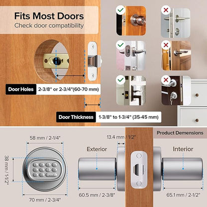 ThorBolt Keyless Entry Door Lock, Fingerprint Door Lock with Keypad Biometric Door Knob, Auto-Lock for Interior Doors Thickness up to 2-1/4", Bedroom, Home Office, Garage, 4xAA Alkaline, MD1 Silver