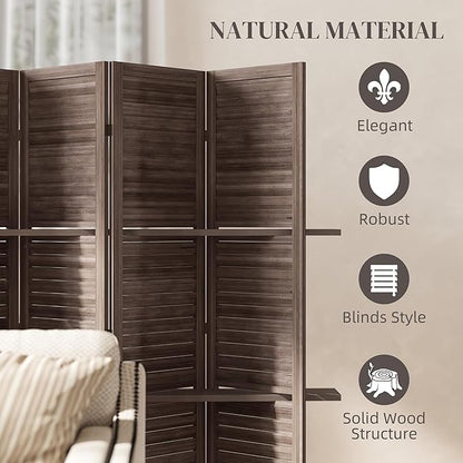 HOMCOM Room Divider, 4 Panel 67" Tall Wood Privacy Screen with 3 Display Shelves, and Folding Storage for Bedroom or Home Office, Walnut