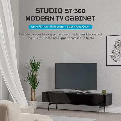 SONOROUS ST-360 Premium TV Stand for Living Room – Modern TV Stands & Entertainment Center with Storage – Black Glass & Black Wood Cover – Luxury Media Console with Metal Legs for TVs up to 75 inches