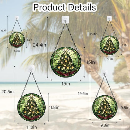 DASTOLL Stained Glass Window Hanging - Green Christmas Tree Golden Bells Suncatcher for Doors Home Christmas Decoration Sun Catcher Thanksgiving New Year Birthday Gift for Women Men Mom Nana 11.8 in