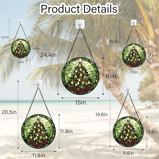 DASTOLL Stained Glass Window Hanging - Green Christmas Tree Golden Bells Suncatcher for Doors Home Christmas Decoration Sun Catcher Thanksgiving New Year Birthday Gift for Women Men Mom Nana 9.8 in