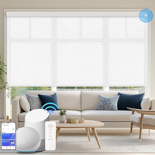 COOLWINDS Motorized Blinds with Remote Cordless Automatic Motorized Shades Custom Blinds for Windows Smart Curtains Compatible with Alexa Google Home(Light Filtering Jacquard White,W40 x H72in)