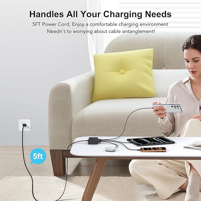 USB C Fast Charger, 100W GaN 6 Port Type C Charging Station Hub Block Cube, USB C Wall Charger Power Strip Adapter Plug for iPad iPhone 17 16 15 14 13 12 Pro Max Pixel Note Galaxy, 5ft Cord