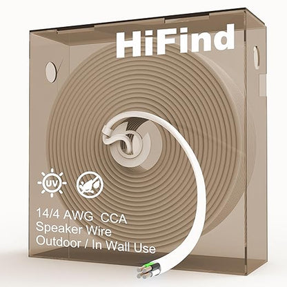 HiFind 14/4 Gauge AWG Outdoor Speaker Wire Bulk 150 FT With Easy Pull Box, LLDPE UV Resistant Low Voltage CCA 4 Conductors Cable, CL2 In-Wall Burial for Home Theater,Car Audio,Automotive,Trailer-White