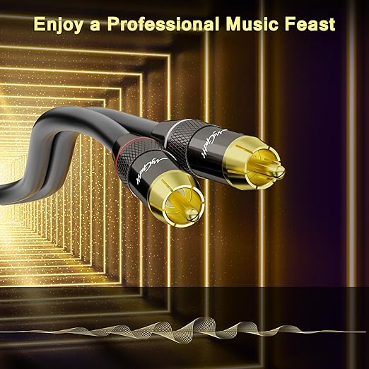 RCA Cable 20 FT, 90 Degree Right Angle 2RCA to 2RCA Stereo Audio Cable, Zinc Alloy Shell, Gold-Plated Plug, 2 RCA Audio Cord, for Home Theater, Subwoofer, HDTV, Amplifier, Hi-Fi System, Car, Speaker