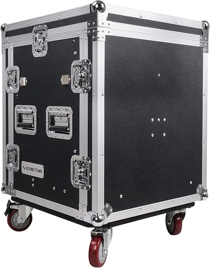 Sound Town 12U PA DJ Pro Audio Rack/Road ATA Case with 2U Drawer, 11U Slant Mixer Top, DJ Work Table, Casters, Pro Tour Grade (MR-DR12UT)